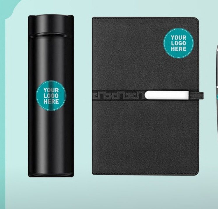 Branded corporate gift set with bottle, notebook and pen